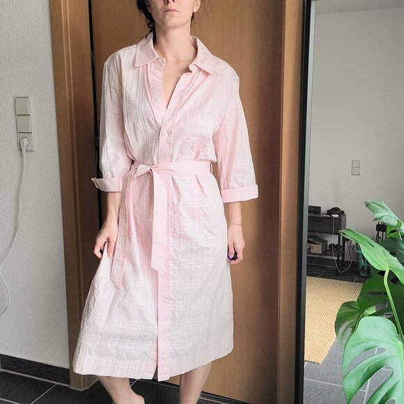 Burberry London Pink Embossed Plaid Belted Button Down Shirt Dress Women's Large - Picture 6 of 15